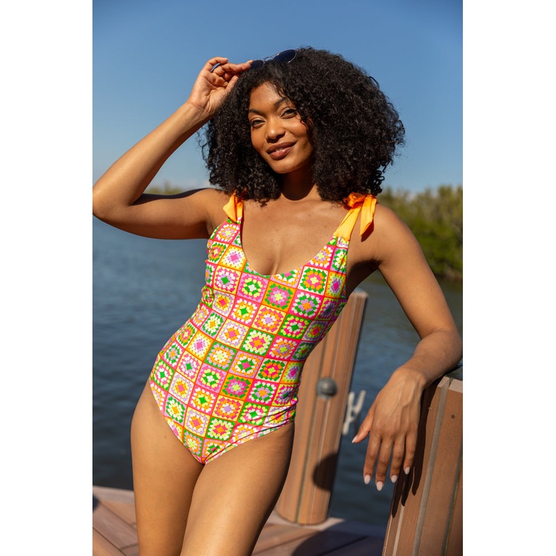 Sweet Life Multi Tie Strap Crochet Print One Piece Swimsuit FINAL SALE