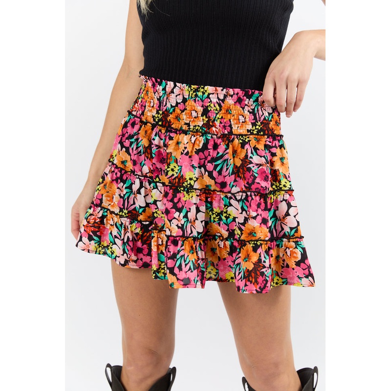 Through The Garden Black Multi Color Floral Mini Skort
