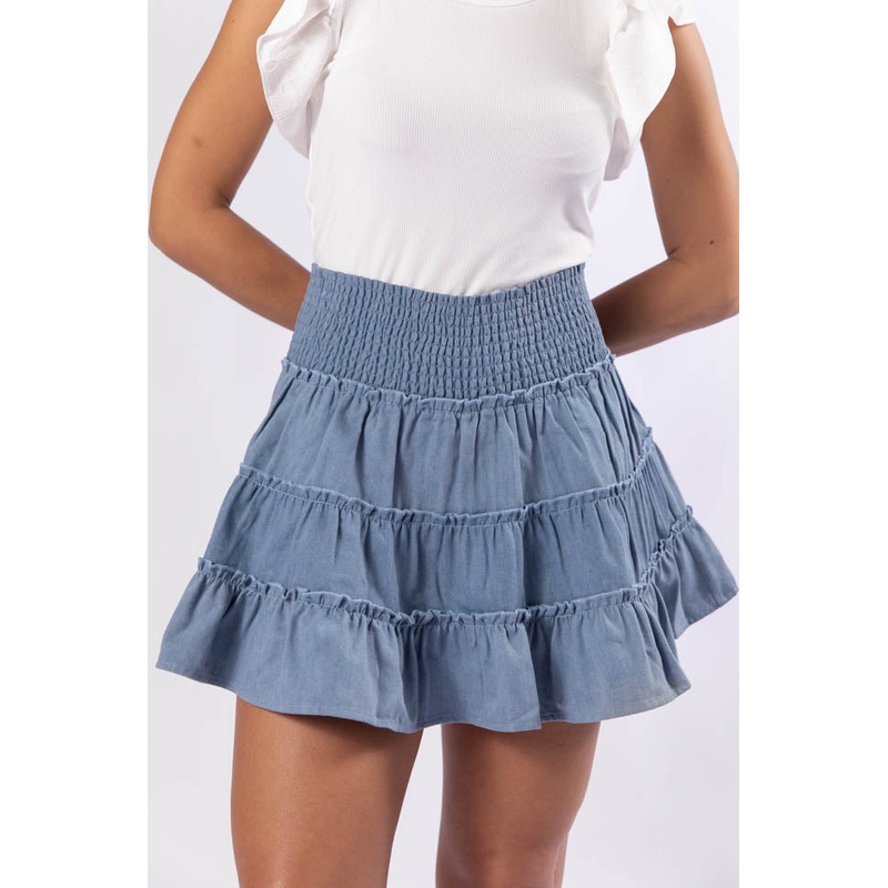 Through The Garden Medium Wash Chambray Mini Skort