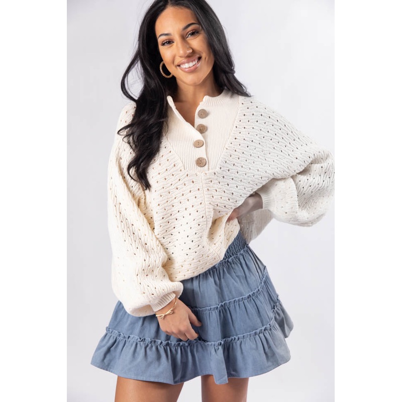Waited For This Cream Open Knit Henley Sweater