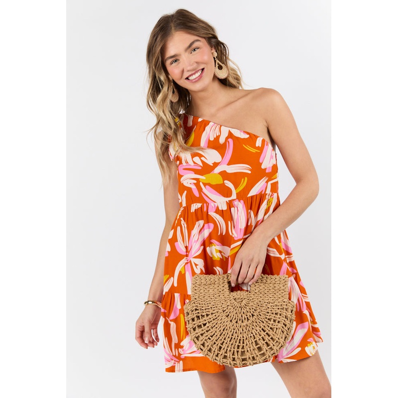 Walking On Sunshine Floral Printed One Shoulder Dress