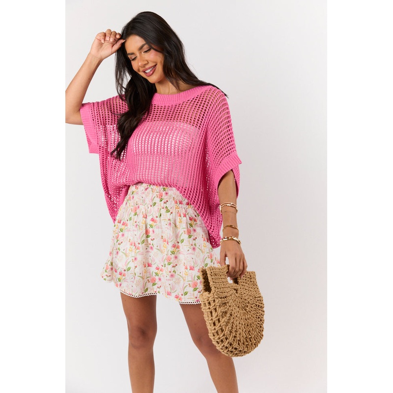 Wave Of Relief Pink Short Sleeve Open Knit Cover Up Sweater