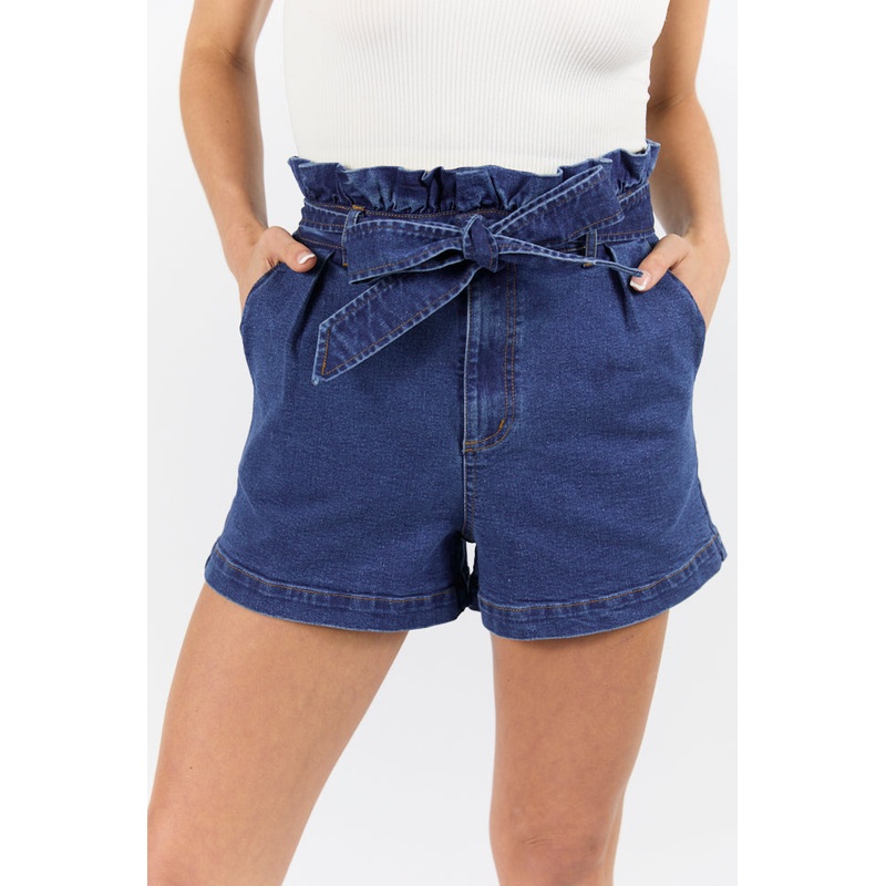 What’s New Dark Wash Paperbag Waist Belted Denim Shorts FINAL SALE