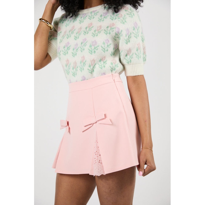 Back To You Blush Bow Detail Lace Inset Mini Skirt FINAL SALE