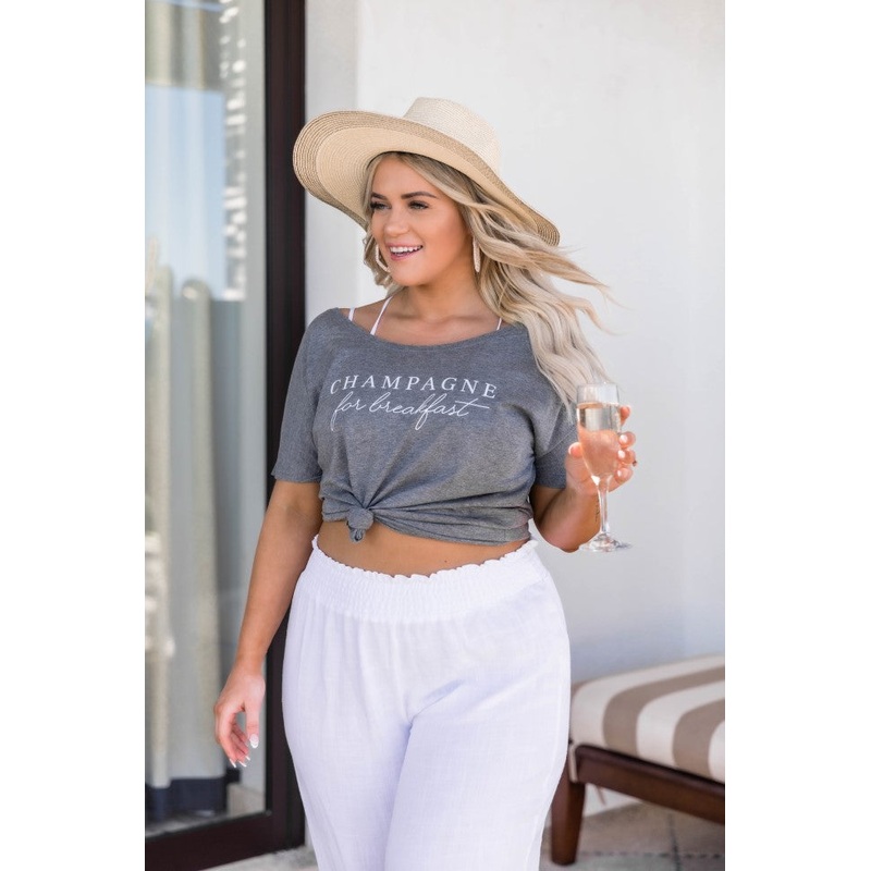 Champagne For Breakfast Grey Slouchy Graphic Tee FINAL SALE