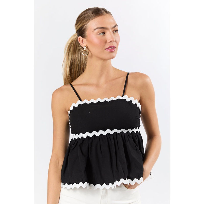 Heartfelt Moment Black and Ivory Rick Rack Trim Tank