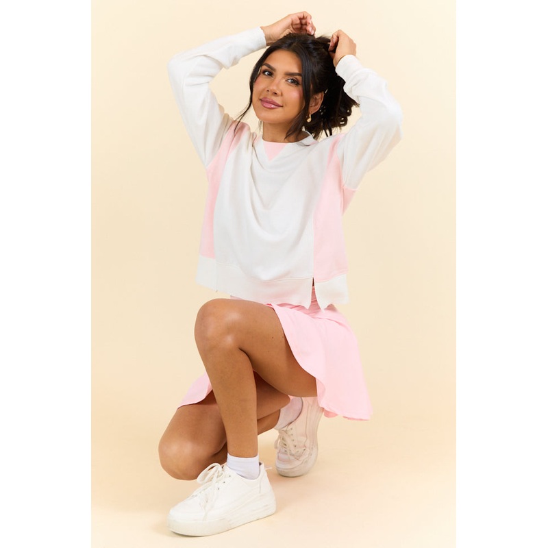 Overtime Pink and White Color Block Sweatshirt FINAL SALE