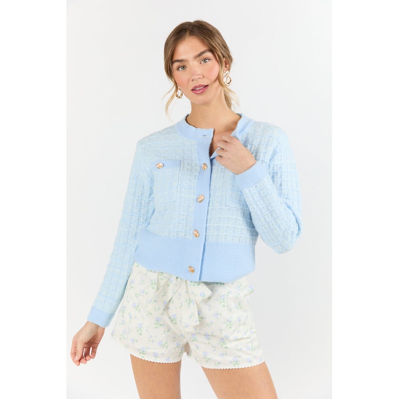 Running On Love Blue Textured Woven Detail Cardigan FINAL SALE