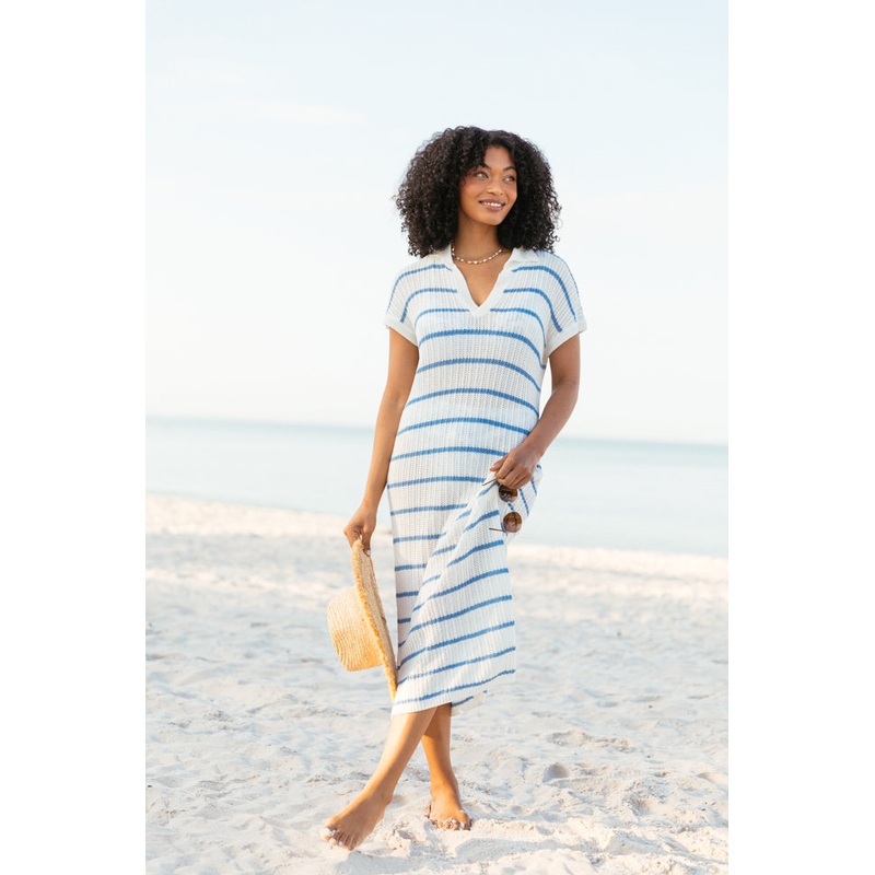 Sunset Sail Blue Striped Knit Coverup Midi Dress FINAL SALE