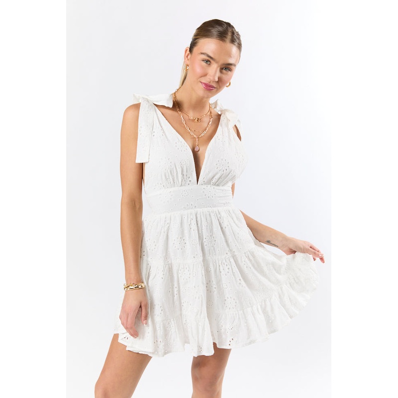 Wear With Love White Tie Shoulder Eyelet Dress