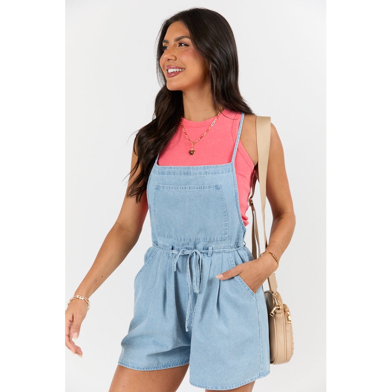 Better Perspective Blue Chambray Pull On Romper