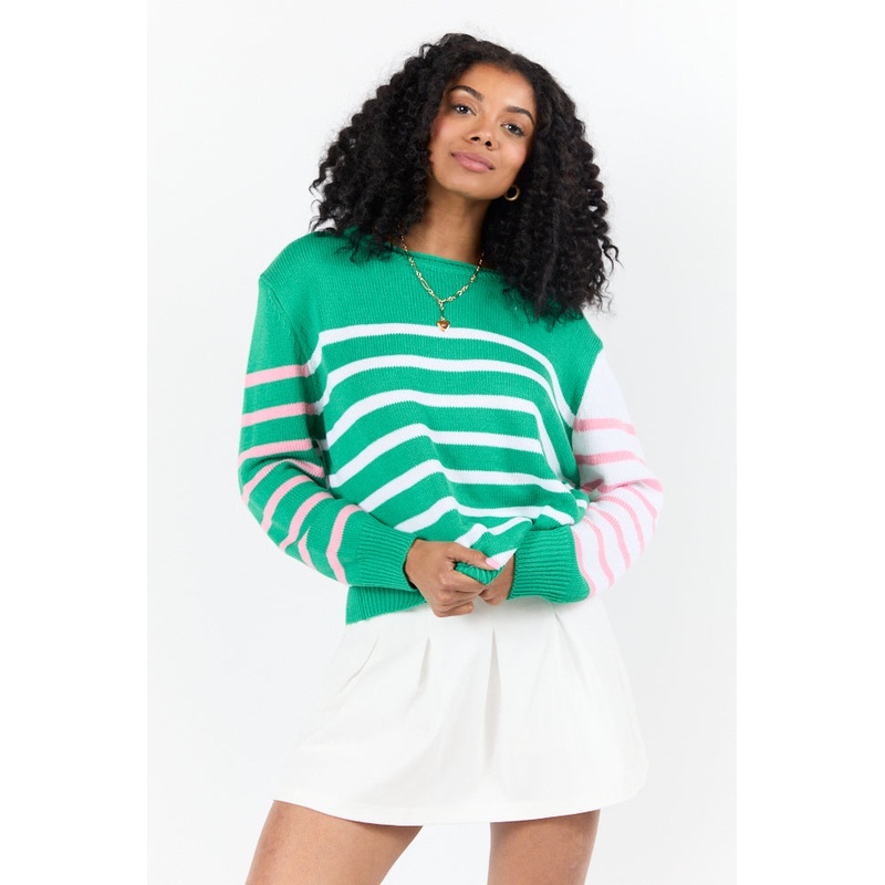 Coastal Prep Green and Pink Color Block Crew Neck Sweater