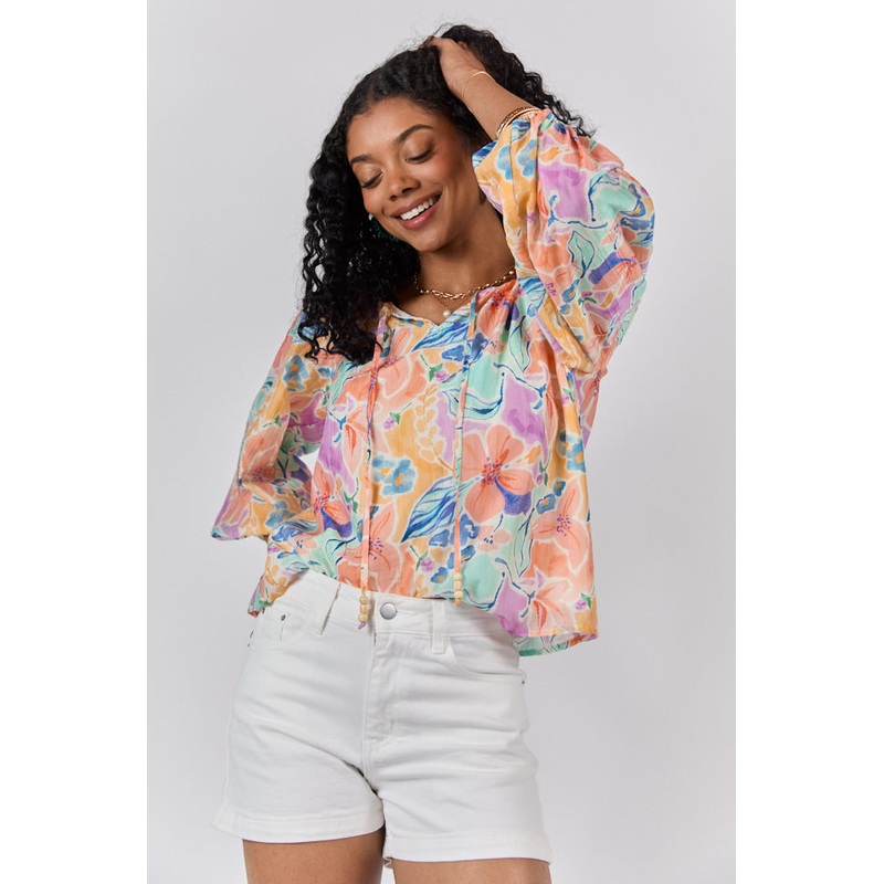 Come Along Purple Floral Woven Pop Over Blouse