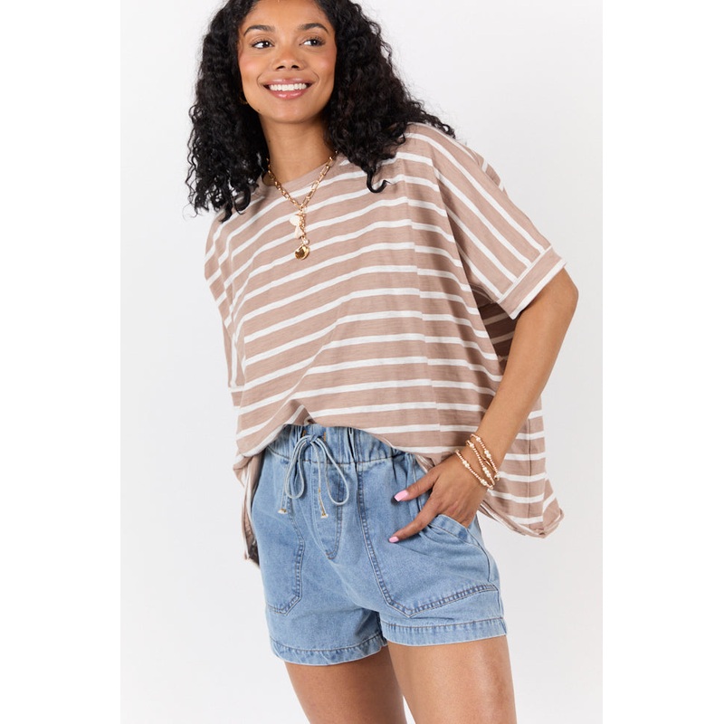Everyday Adventures Tan Oversized Stripe Tee
