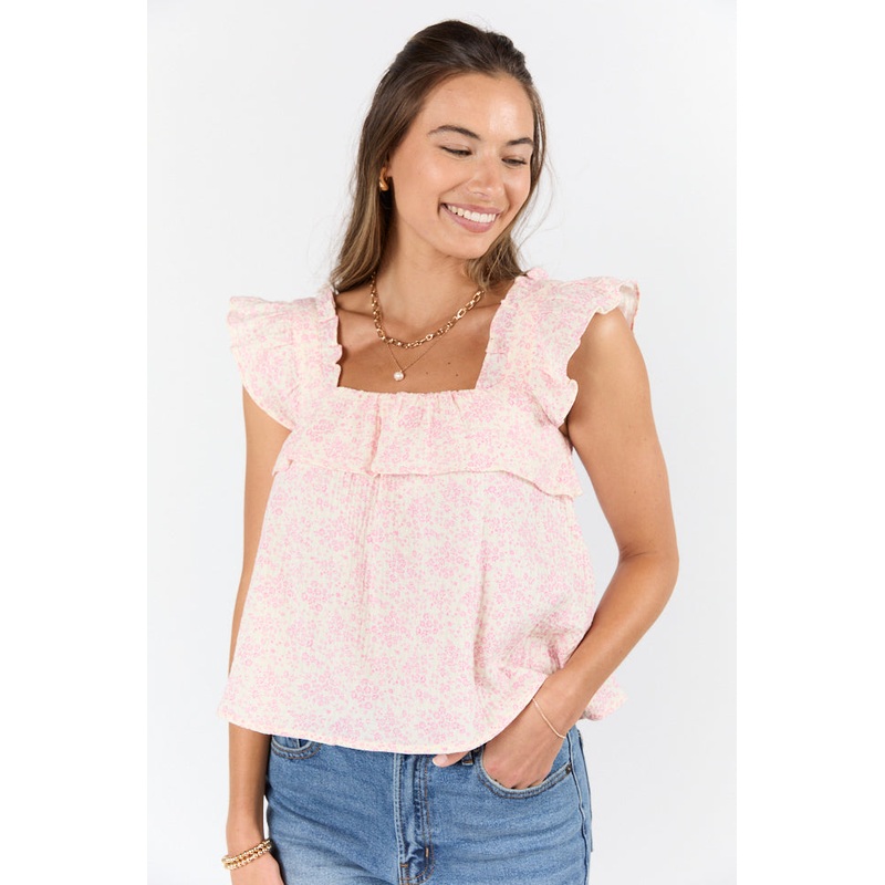 Island Beauty Ivory and Pink Floral Print Gauze Tank