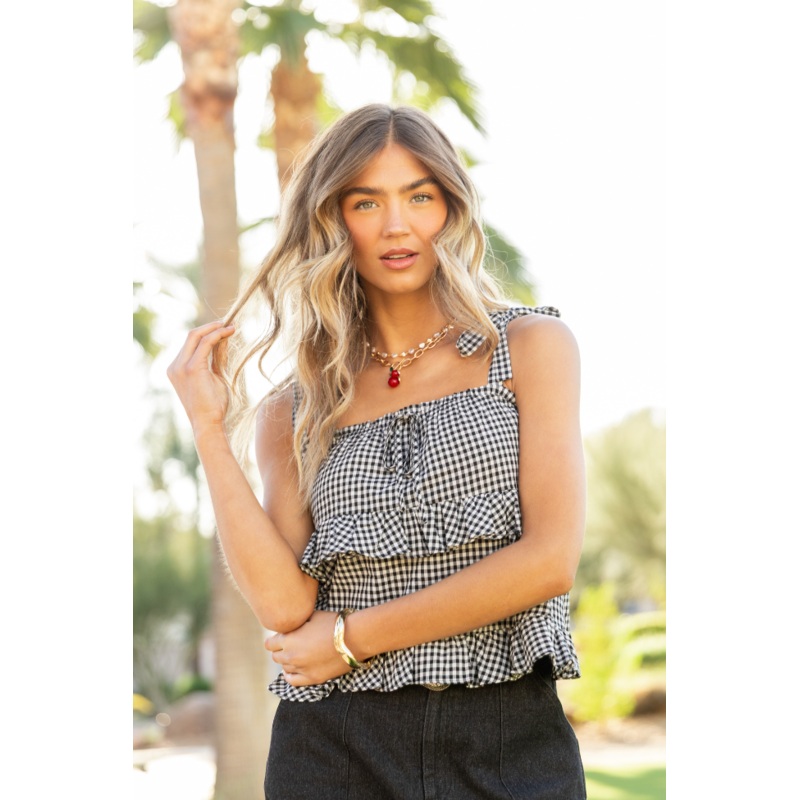 Moonlit Black Gingham Tie Sleeve Tank