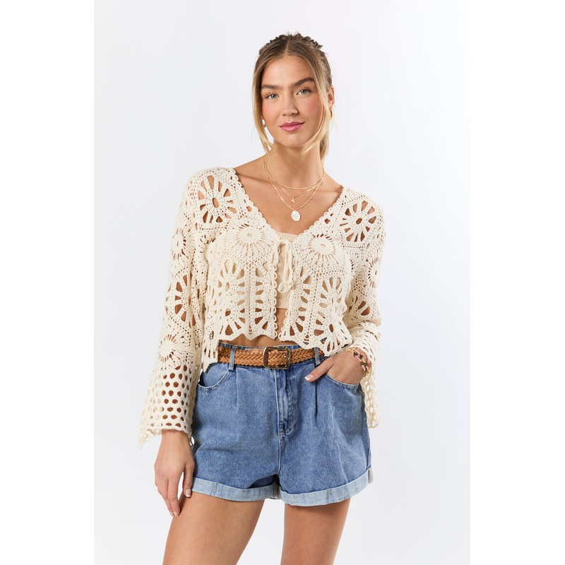 Morning Sun Beige Crochet Tie Front Cardigan