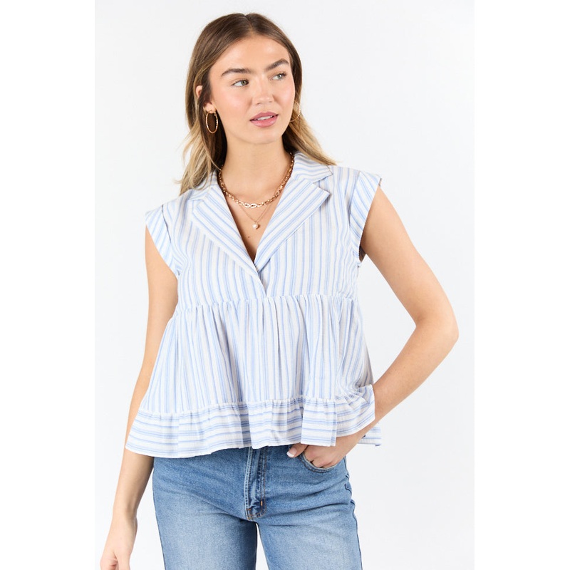 Perfect Aura Blue Striped Collared Tank