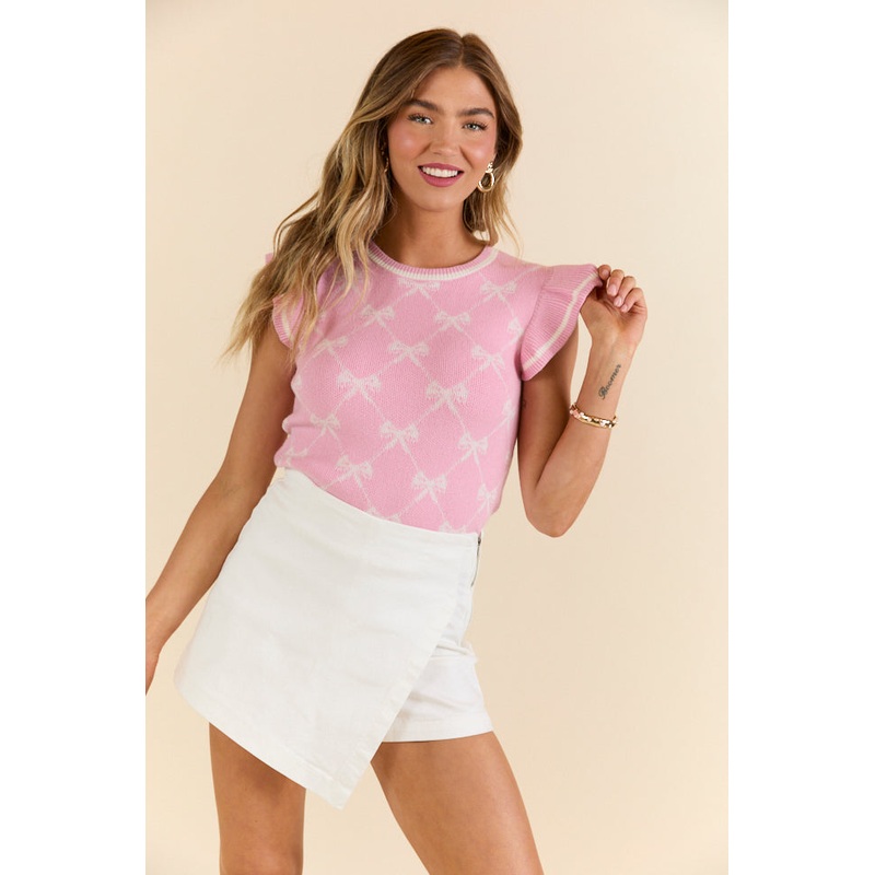 Pretty In Pink Bow Print Short Sleeve Sweater