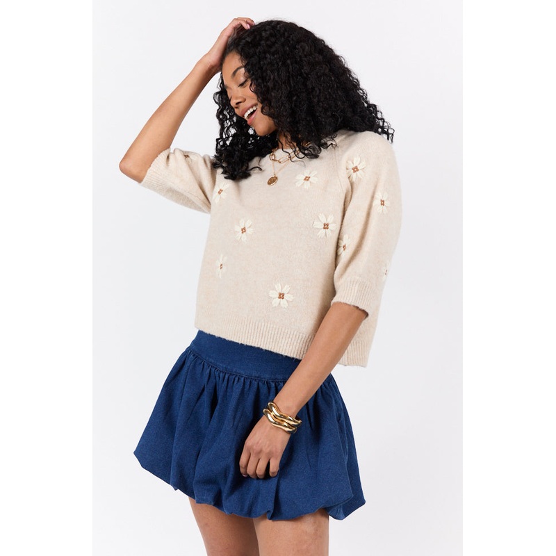 So Into You Oatmeal Short Sleeve Floral Embroidered Sweater