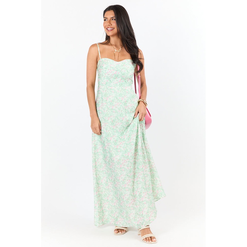 Sunset Stroll Pink and Green Floral Print Maxi Dress