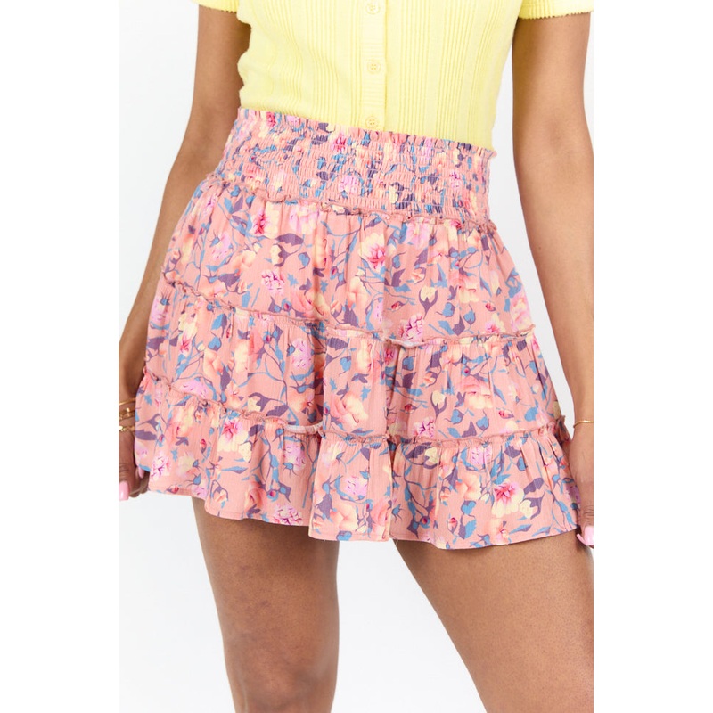 Through The Garden Coral Multi Color Floral Mini Skort