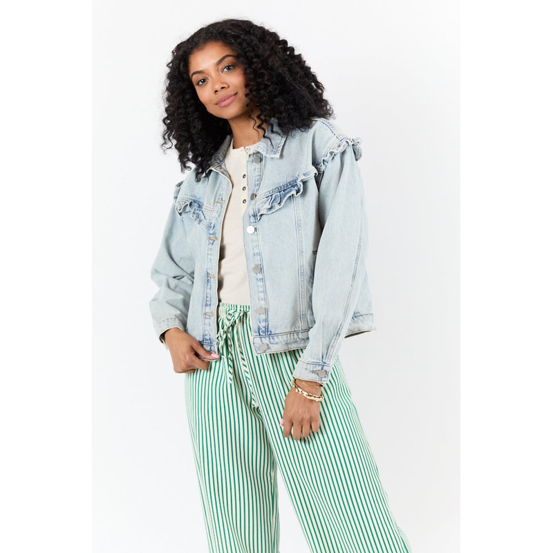 Told You So Light Wash Ruffle Trim Denim Jacket