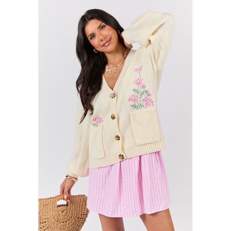 Up To Fate Cream and Pink Multi Floral Embroidered Cardigan