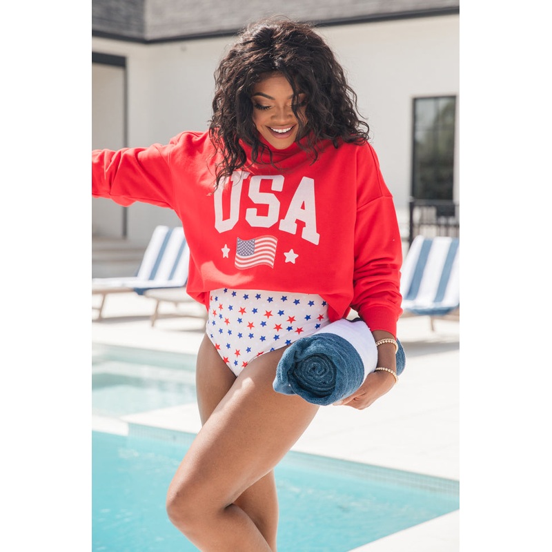 USA Flag Red Oversized Graphic Sweatshirt