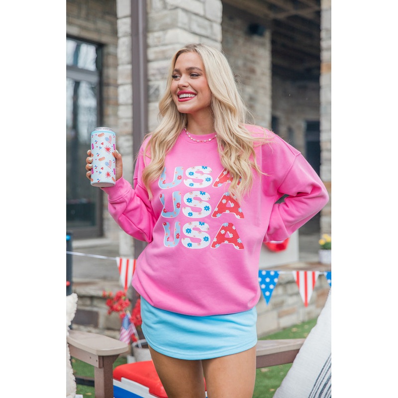 USA Floral Pink Oversized Graphic Sweatshirt