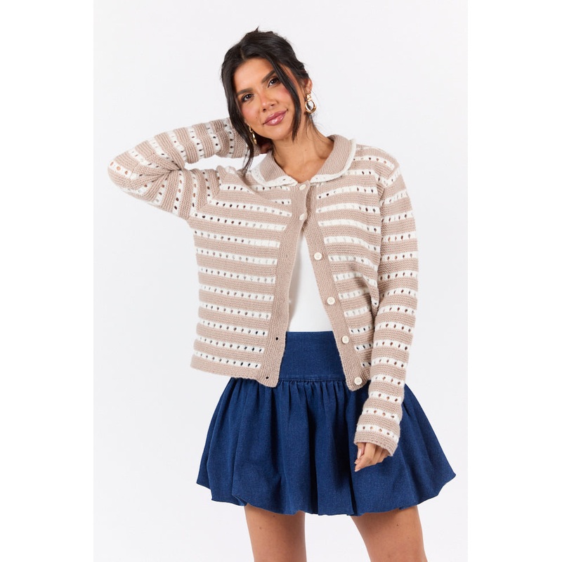 Warm Feelings Taupe Open Knit Striped Collared Cardigan