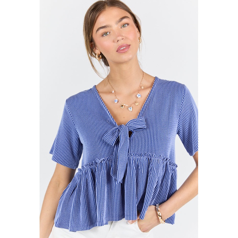 Basic Notion Blue Ribbed Knit Tie Front Tee
