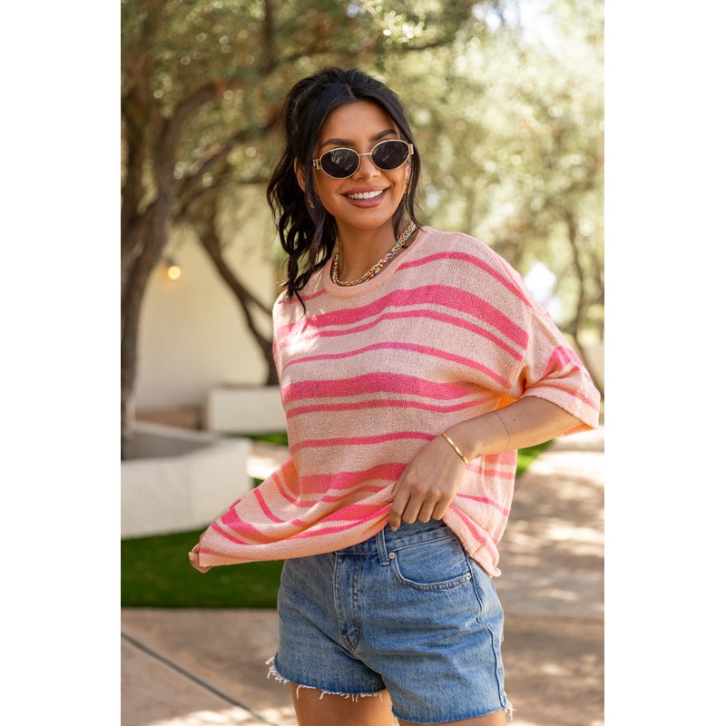 Beside Me Coral and Pink Striped Short Sleeve Sweater