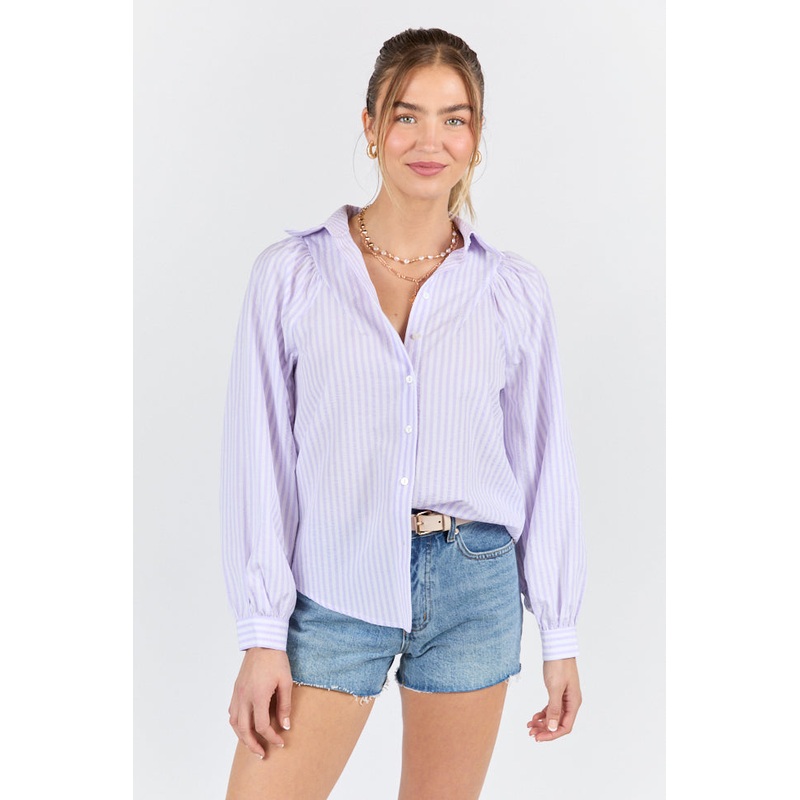 Here Lately Lilac Striped Button Down Top