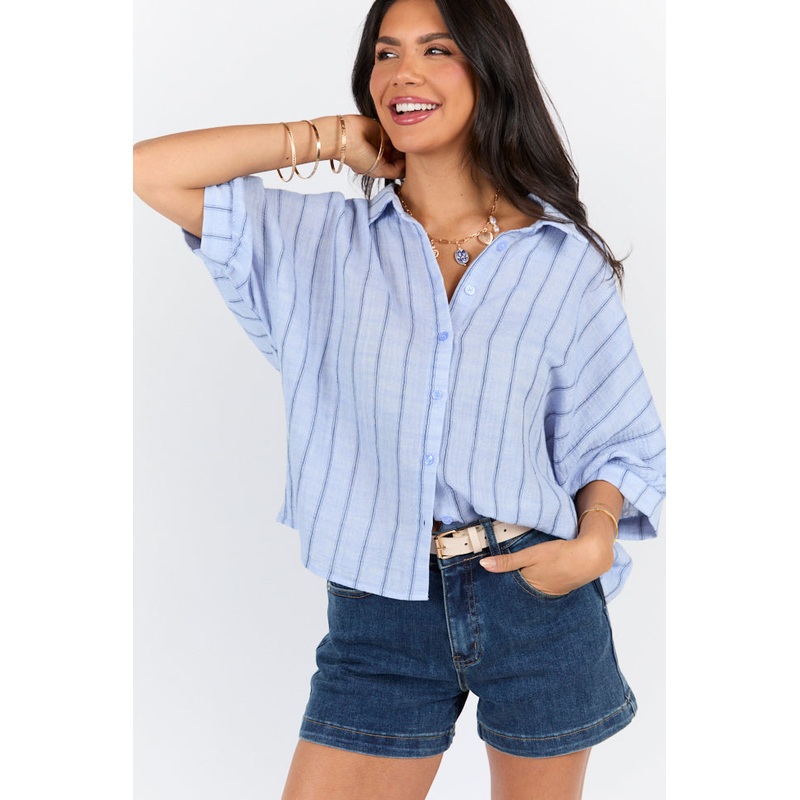 In The Sunshine Blue Oversized Striped Gauze Button Down Top