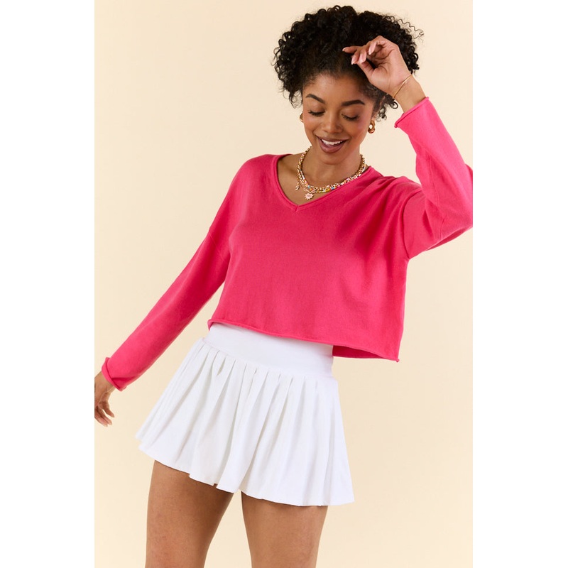 No Bad Days Hot Pink Drop Shoulder V-Neck Pullover