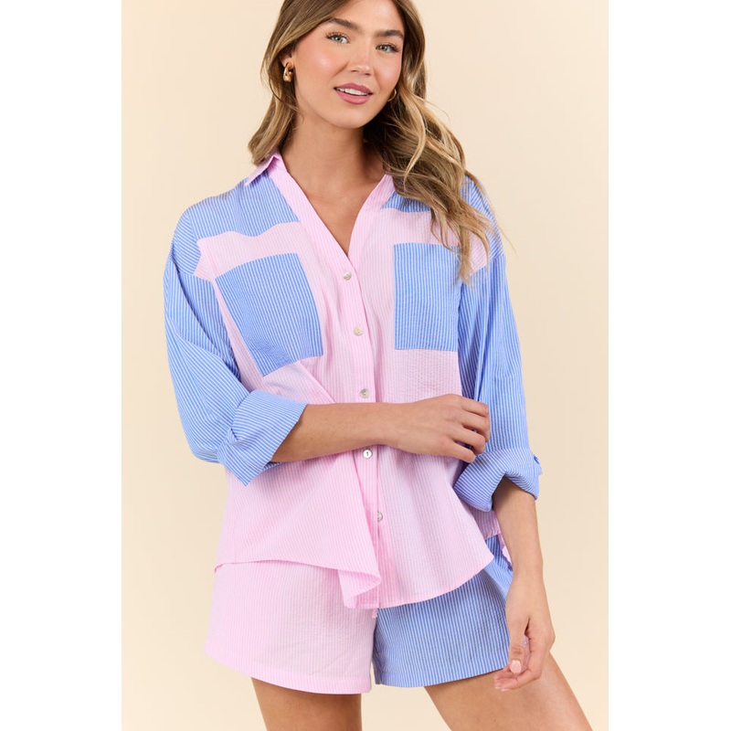Perfect Days Blue and Pink Color Block Striped Long Sleeve Lounge Top