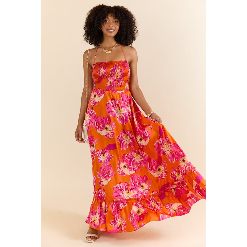 Pick Of The Summer Orange Printed Smocked Halter Maxi Dress