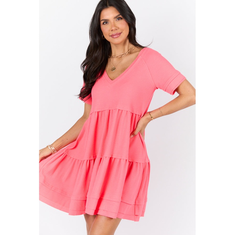 Planning Ahead Coral Waffle Knit Short Sleeve V-neck Dress