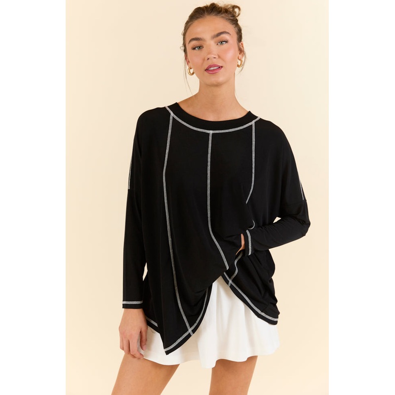 Play On Black Long Sleeve Split Back Top