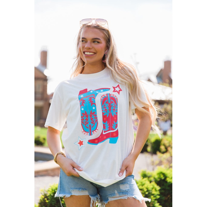 Red White and Boots White Graphic Tee