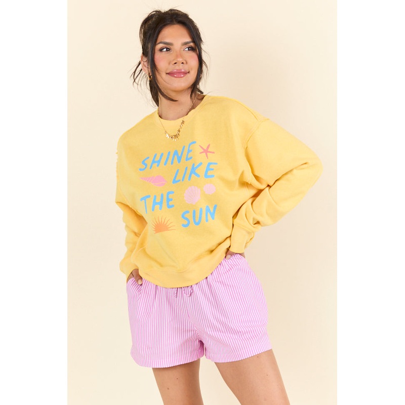 Shine Like The Sun Yellow Raw Hem Fleece Graphic Sweatshirt