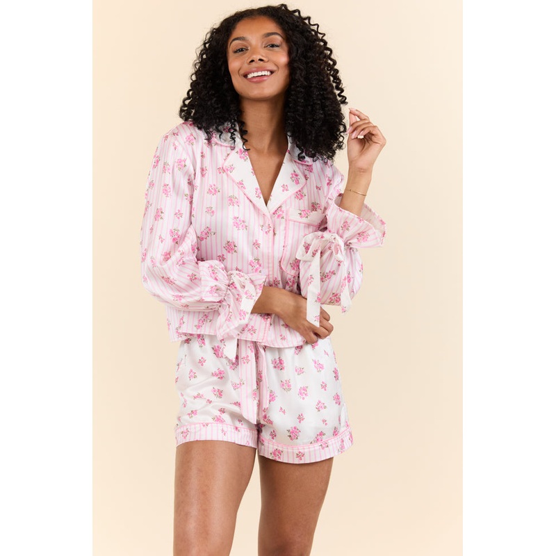Sleep On My Side Pink Floral Satin Long Sleeve Pajama Top