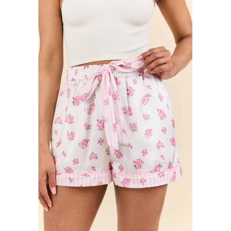 Sleep On My Side Pink Floral Satin Pajama Shorts