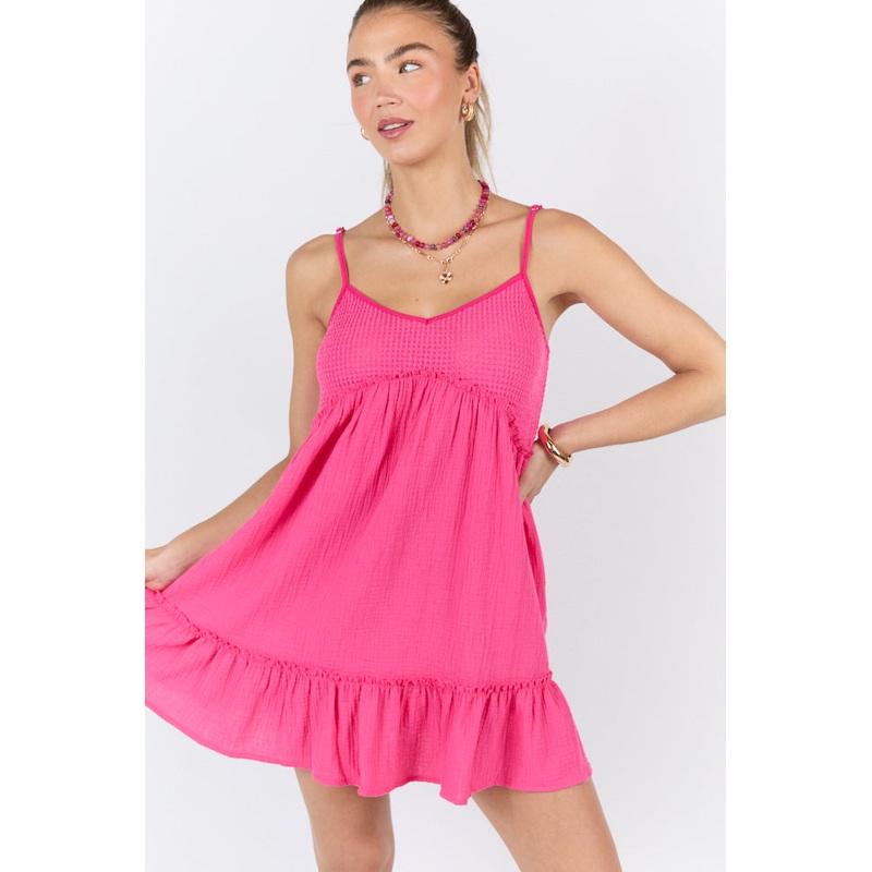 Sunny Day Stroll Pink Waffle & Gauze Mini Dress