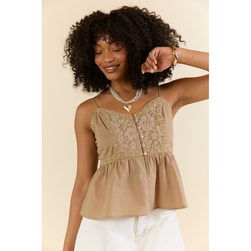 Boho Beat Brown Lace Detail Button Down Tank