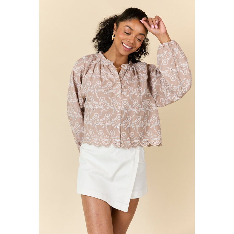 Downtown Delight Tan Embroidered Blouse