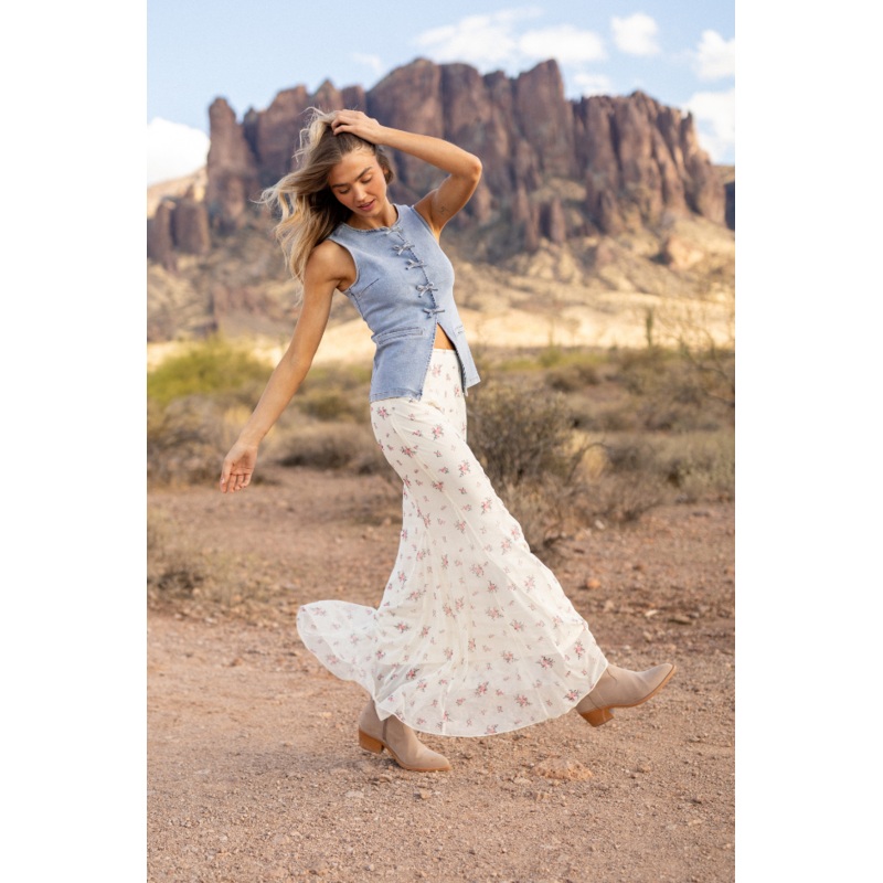 Floral Echo Ivory and Pink Knit Maxi Skirt