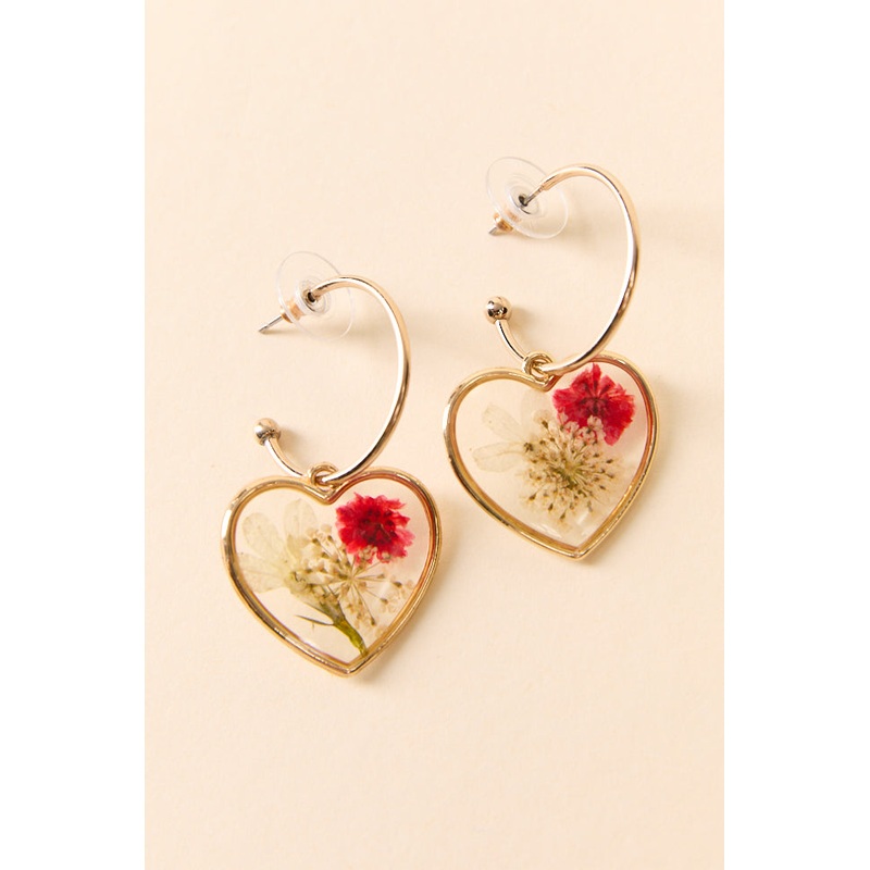 Pressed Floral Red Heart Earrings