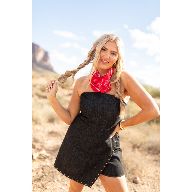 Pretty Heart Black Denim Strapless Romper